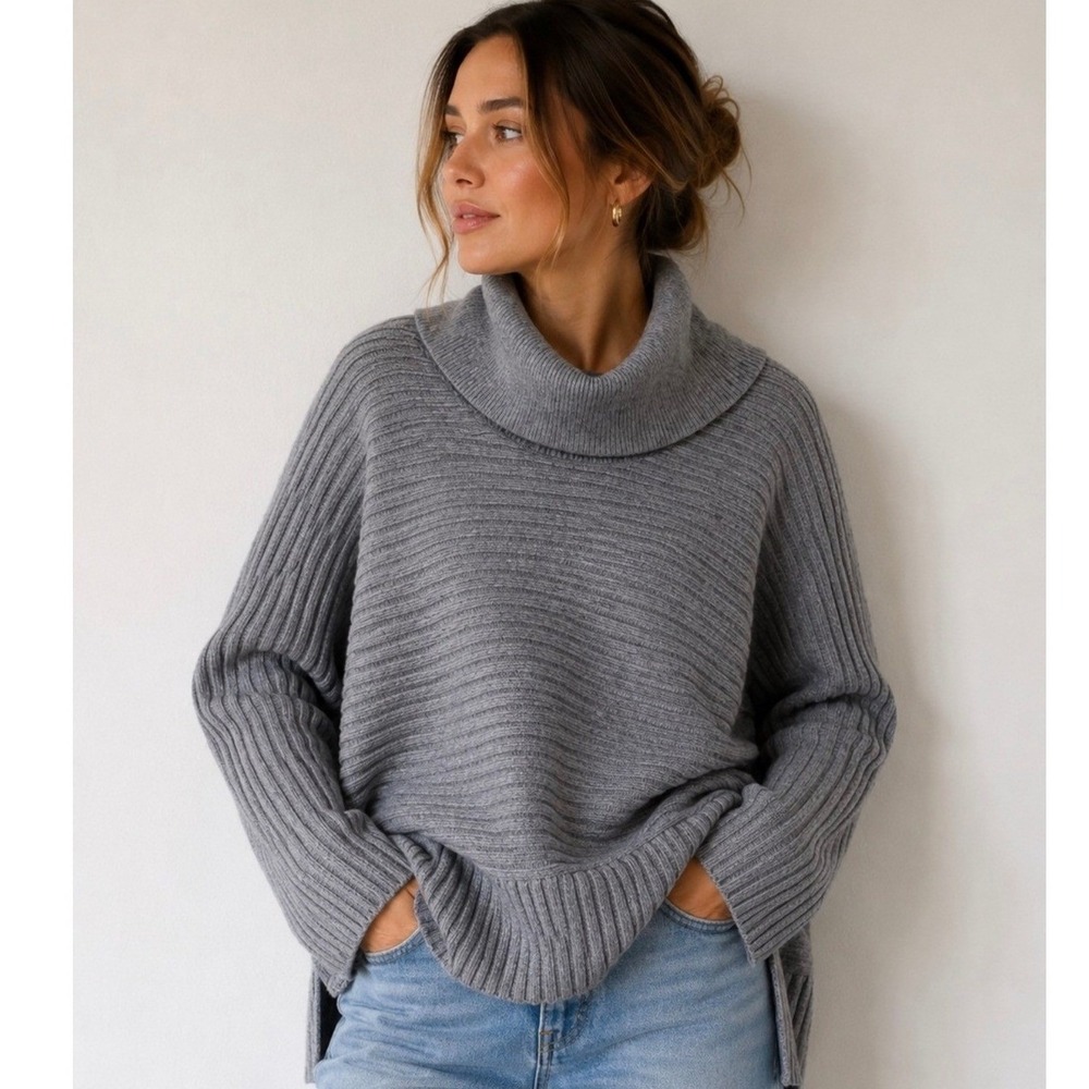 Moth by Anthropologie Gray Ribbed Cowl Neck High Low Hem‎ Sweater Womens Medium